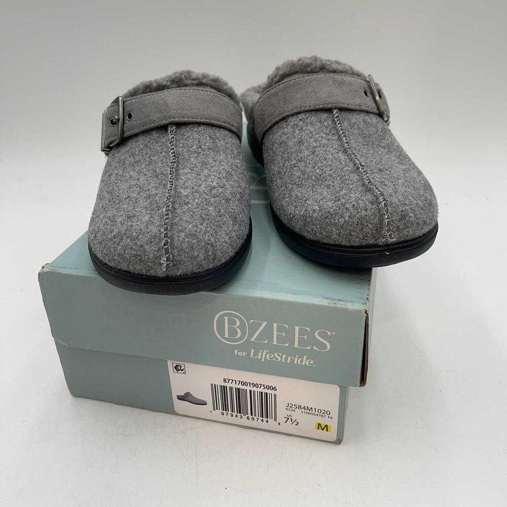 Bzees Slippers Womens Gray Felt Clog Buckle Faux Fur Slip On House Cozy Size 7.5